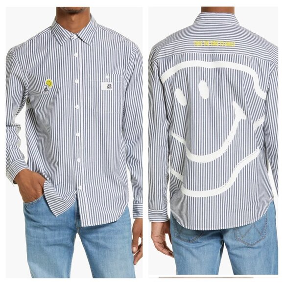 Lee Jeans X Smiley Stripe Long Sleeve Button Down Shirt White Gray L - Picture 2 of 8